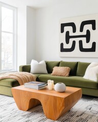 Cozy bright living room, olive green velvet sofa draped with thick chunky knit blankets, geometric black and white wall mural, sculptural wooden coffee