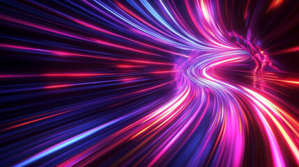 Obraz premium Fast light motion speed effect. Vector realistic illustration of abstract neon red, purple rays, circular centric motion on black background, space travel route perspective, explosion energy warp