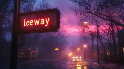 Fototapeta premium Urban Street Scene Depicting a Misty Evening with Illuminated Leeway Sign and Bare Tree Branches under a Vibrant Purple and Pink Dramatic Sky