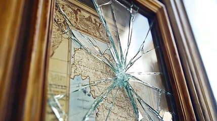 Dramatic closeup of a shattered glass frame showcasing an antique map.  The broken glass creates a compelling visual, ideal for themes of history, mystery, or fragility.