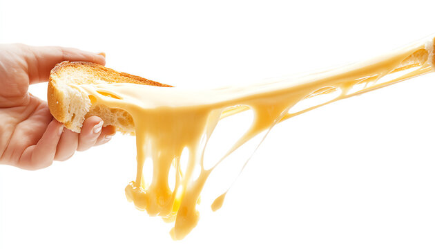 A delicious slice of cheesy, gooey toast being pulled apart, showcasing melted cheese stretching invitingly.