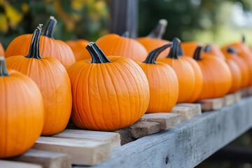 Pumpkins on wooden shelves outdoors
