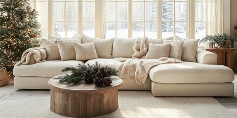 Minimalist Living Room with Beige Sectional Sofa and Wooden Coffee Table