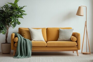 Cozy Scandinavian Living Room Interior with Mustard Yellow Sofa and Green Decor Accessories