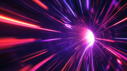Fast light motion speed effect. Vector realistic illustration of abstract neon red, purple rays, circular centric motion on black background, space travel route perspective, explosion energy warp