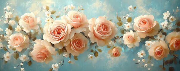 Fototapeta premium vintage floral arrangement soft pink roses white flowers shabby chic wallpaper floral art border