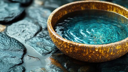 Tranquil water bowl, stone backdrop, spa setting