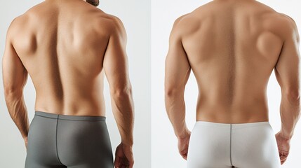 Body shape transformation before and after, realistic medical style, focusing on muscular definition and physique enhancement. Generative AI