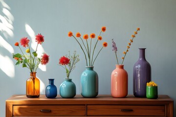 Colorful floral design with pastel vases on wooden cabinet in modern minimal interior decor with natural light