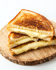 Delicious grilled cheese sandwich stacked on a wooden board, showcasing melted cheese and toasted bread.