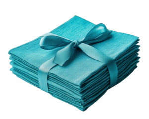 Reusable fabric napkins tied with ribbon, perfect for eco friendly dining. These vibrant turquoise napkins add touch of elegance to any table setting