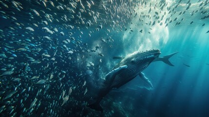 Obraz premium Majestic Whale Encounter: A breathtaking underwater spectacle of a humpback whale interacting with a massive school of fish, creating a scene of wonder and awe in the deep ocean.