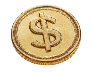 golden coin with dollar sign embossed, symbolizing wealth and value. This shiny coin represents financial prosperity and is perfect for illustrating concepts related to money