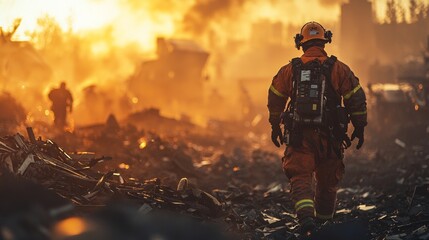 Fototapeta premium Firefighter in Orange Suit Amidst Daring Flames
