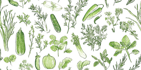 Herbs seamless pattern. Elegant botanical repeat background for kitchen, restaurant, restaurant, menu design, packaging, fabric, wallpaper, packaging, branding, stationery, wrapping paper, interior