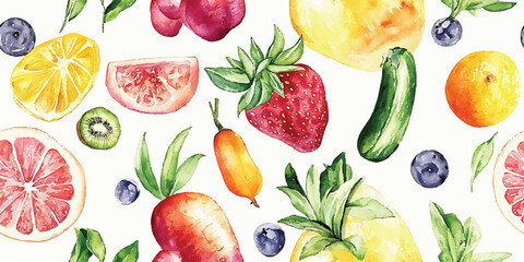 Watercolor fruit seamless pattern. Summer food repeat background for kitchen, restaurant, menu design, packaging, fabric, wallpaper, packaging, branding, stationery, wrapping paper, interior