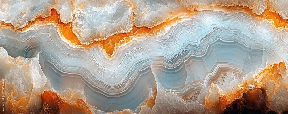Poster hyper-realistic agate stone background with intricate patterns and layers in white, orange, and grey