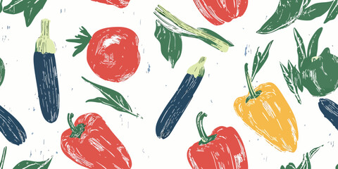 Hand-drawn vegetable seamless pattern on white background. Retro food repeat print for kitchen, textile, packaging, fabric, wallpaper, packaging, branding, stationery, wrapping paper, interior decor