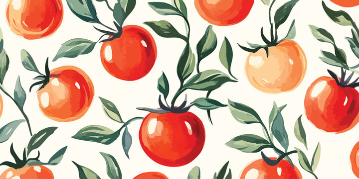 Watercolor tomato seamless pattern. Elegant vegetable repeat background for kitchen, textile, packaging, fabric, wallpaper, packaging, branding, stationery, wrapping paper, interior decor