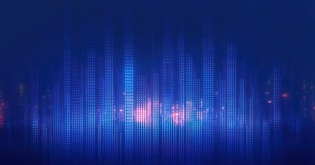 Abstract City Skyline in Blue Pixelated Blocks with Neon Lights and Gradient Background