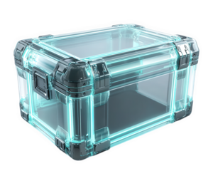 futuristic transparent storage box with glowing edges, ideal for organizing items. Its sleek design and modern aesthetic make it perfect addition to any space
