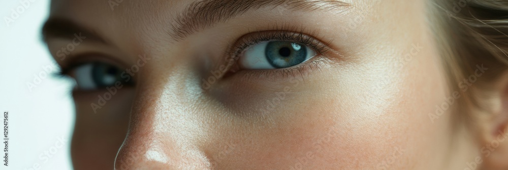 Poster close up view of womans face showcasing contrast between smooth skin and drawn lines for skincare an