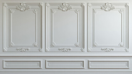 Realistic white victorian style wall with wooden molding. Vector illustration of classic vintage panel in elegant room of museum, office, art gallery, house or luxury palace. Interior design element