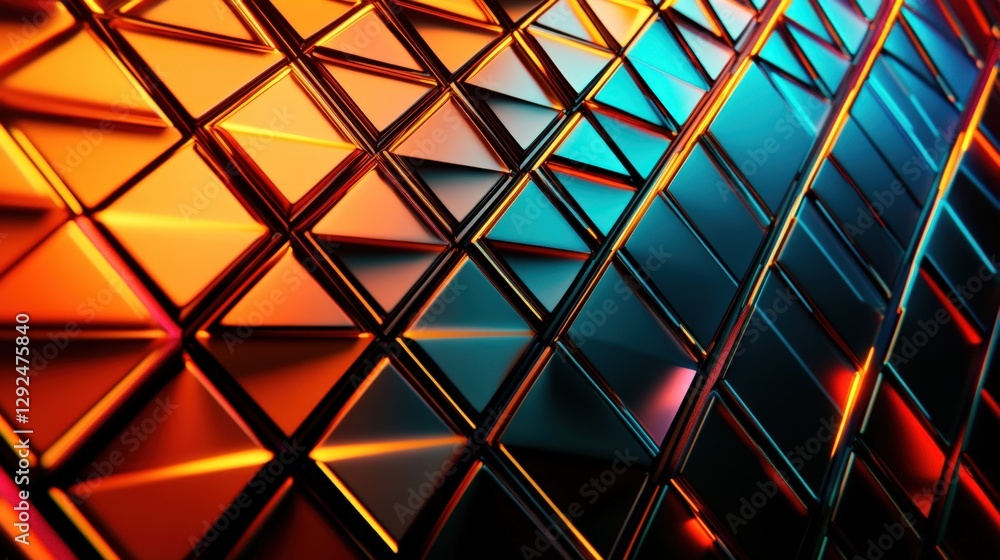 Poster abstract geometric pattern of reflective triangular shapes in vibrant orange and blue tones