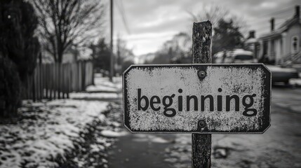 A Weathered Road Sign with the Word "Beginning" Symbolizing New Starts and the Unknown on a Snow-Dusted, Suburban Sidewalk in Late Winter
