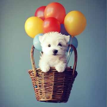 Puppy in Basket with Balloons