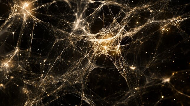 Massive cosmic web structure resembling ancient quipu, glowing filaments against dark void, vast universe concept