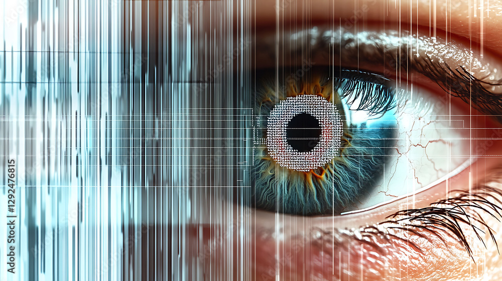 Poster closeup of a human eye overlaid with futuristic digital data streams. intriguing visual representing