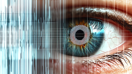 Closeup of a human eye overlaid with futuristic digital data streams.  Intriguing visual representing technology, biometrics, or data security. Ideal for tech, medical, or science publications.