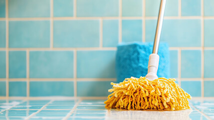 Mop cleaning dirty tiled floor realistic image. Vector top view illustration of bathroom surface shining, sparkling after washing with sanitizing detergent. Domestic hygiene. Housework equipment