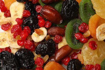 Mix of different dried fruits as background, top view