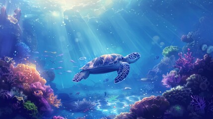 Fototapeta premium Serene Underwater Realm: A Sea Turtle's Graceful Journey Through Vibrant Coral Reefs