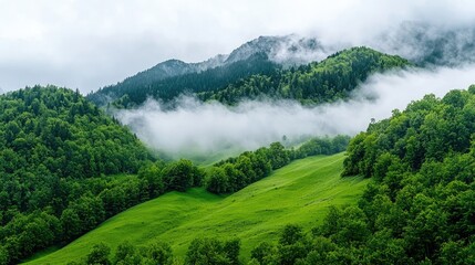 Obraz premium Misty mountain landscape, green hills, cloudy sky, nature background, travel scenery
