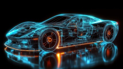 Futuristic Wireframe Car Design with Hydrogen Cell Engine and Neon Lights