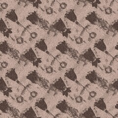 Trendy brown linen flower shape seamless pattern with irregular fabric texture effect. Organic close up woven floral block print background. Gender neutral modern mocha bloom scandi material swatch.