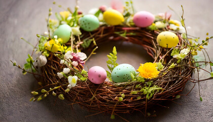 Obraz premium Delightful Easter wreath adorned with pastel eggs and spring blossoms. Perfect for Easter cards, spring promotions, or festive holiday décor. A charming, rustic, and vibrant image.