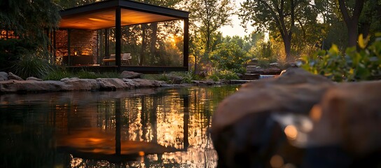 Sunset Reflection on a Modern Pavilion Overlooking a Serene Pond