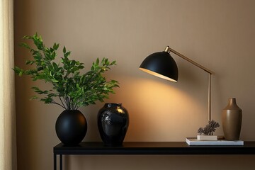 Modern Minimalist Living Room Interior with Black Lamp and Golden Accents, Green Plant, and Console Table