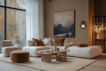 Minimalist Scandinavian Living Room Interior with Modular Sofa and Coffee Table in Earthy Tones and Soft Natural Lighting