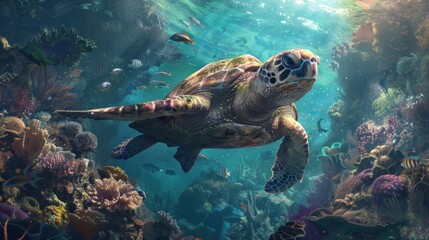 Obraz premium Majestic Sea Turtle in Vibrant Coral Reef