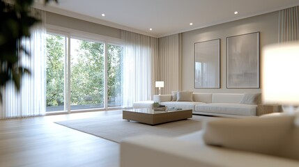 Modern living room, sunlight, patio view, calm interior design, home decor