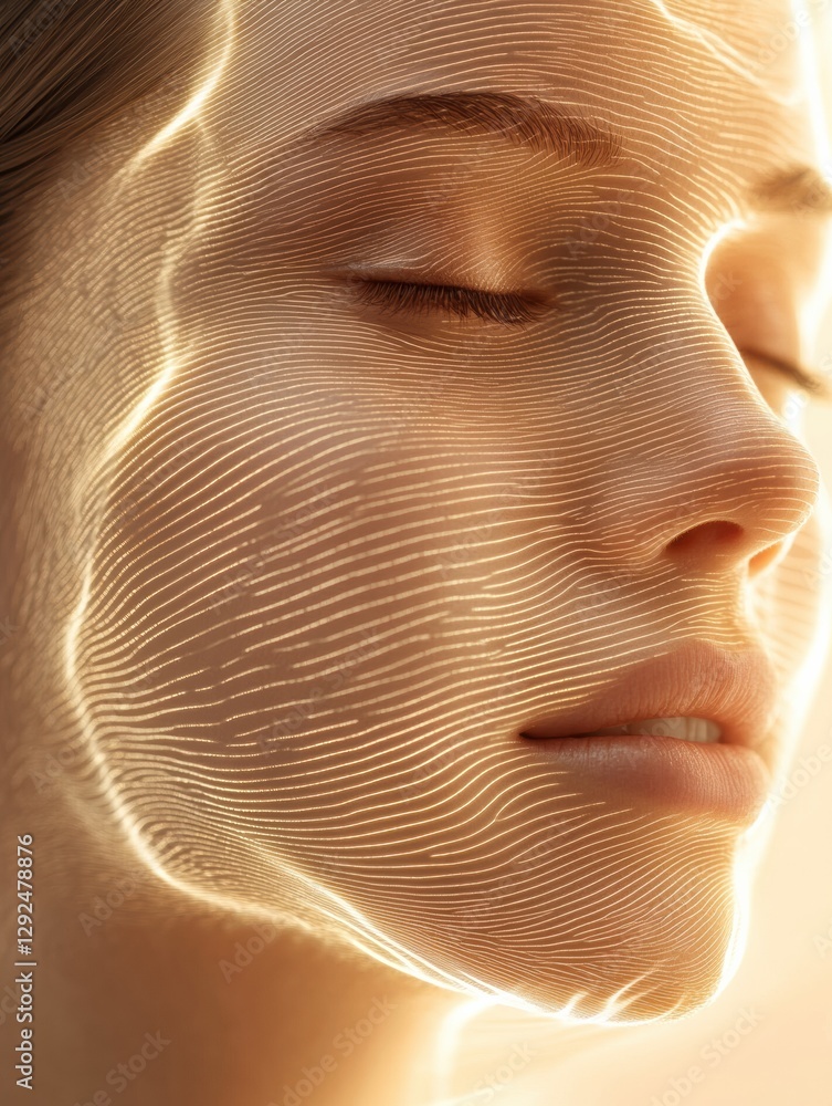 Poster Golden lines flow around womans face to symbolize the effects of facial lifting techniques. Generative AI
