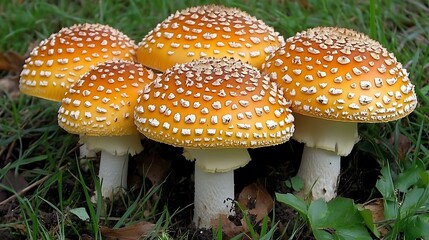 Poisonous mushrooms cluster in grassy field