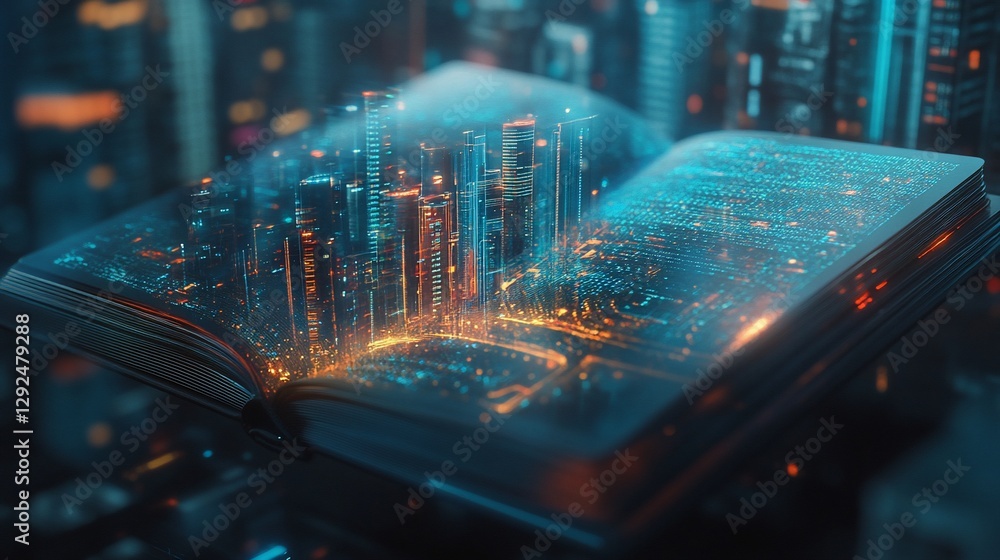 Poster digital metropolis unfolds within the pages of an open book with abstract cityscape