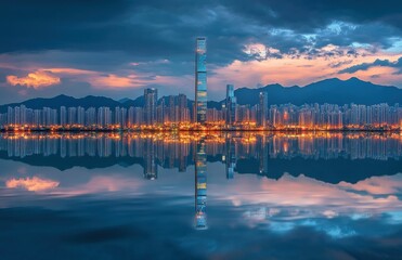 Obraz premium The calm river reflects the city’s glowing lights, set against a backdrop of mountains and cool evening hues.