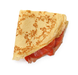 Delicious crepe with salmon isolated on white, top view